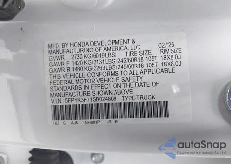 2025 Honda Ridgeline Trailsport+ z USA, uszkodzony, nr VIN 5FPYK3F71SB024869